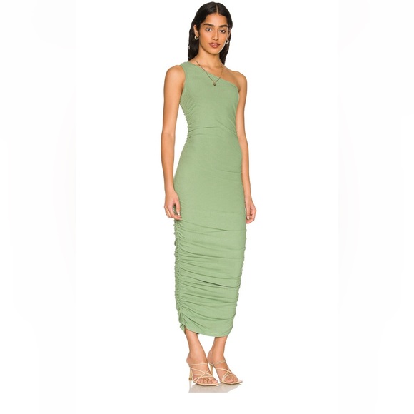 SNDYS Moss Green Ribbed One-Shoulder Ruched Midi Dress – Size S - Picture 3 of 5